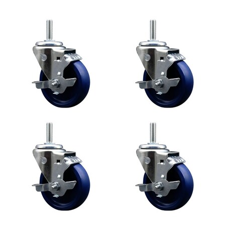 Service Caster 4 Inch Solid Polyurethane Wheel Swivel 34 Inch Threaded Stem Caster Set with Brake SCC SCC-TS20S414-SPUS-TLB-34212-4